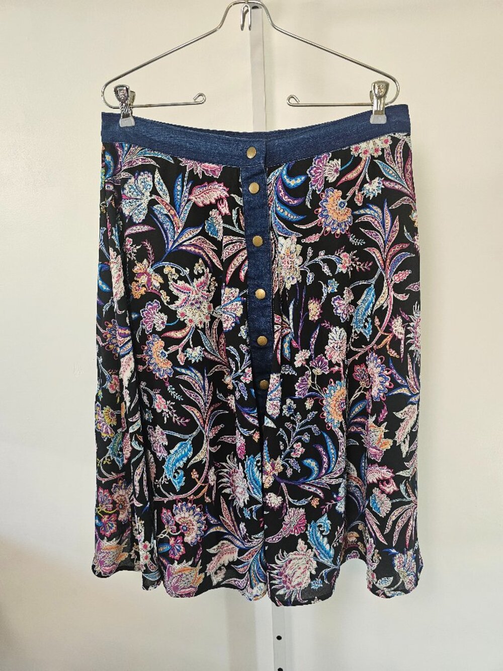 Venus Skirt Black Blue Floral Snap Peasant Boho Cottage A-line Festival 14
